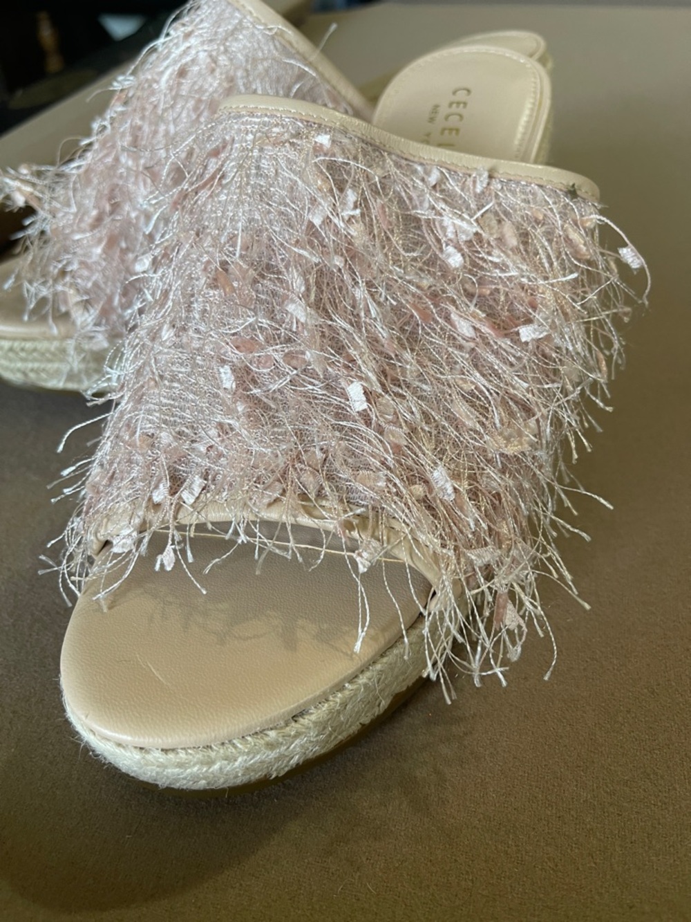 EUC Cecelia New York Blush Feather-Trim Espadrille Mule